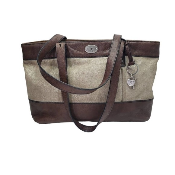 Fossil Handbags - Fossil Zip Top Shoulder Bag Tote Leather‎ Shimmer Fabric Purse